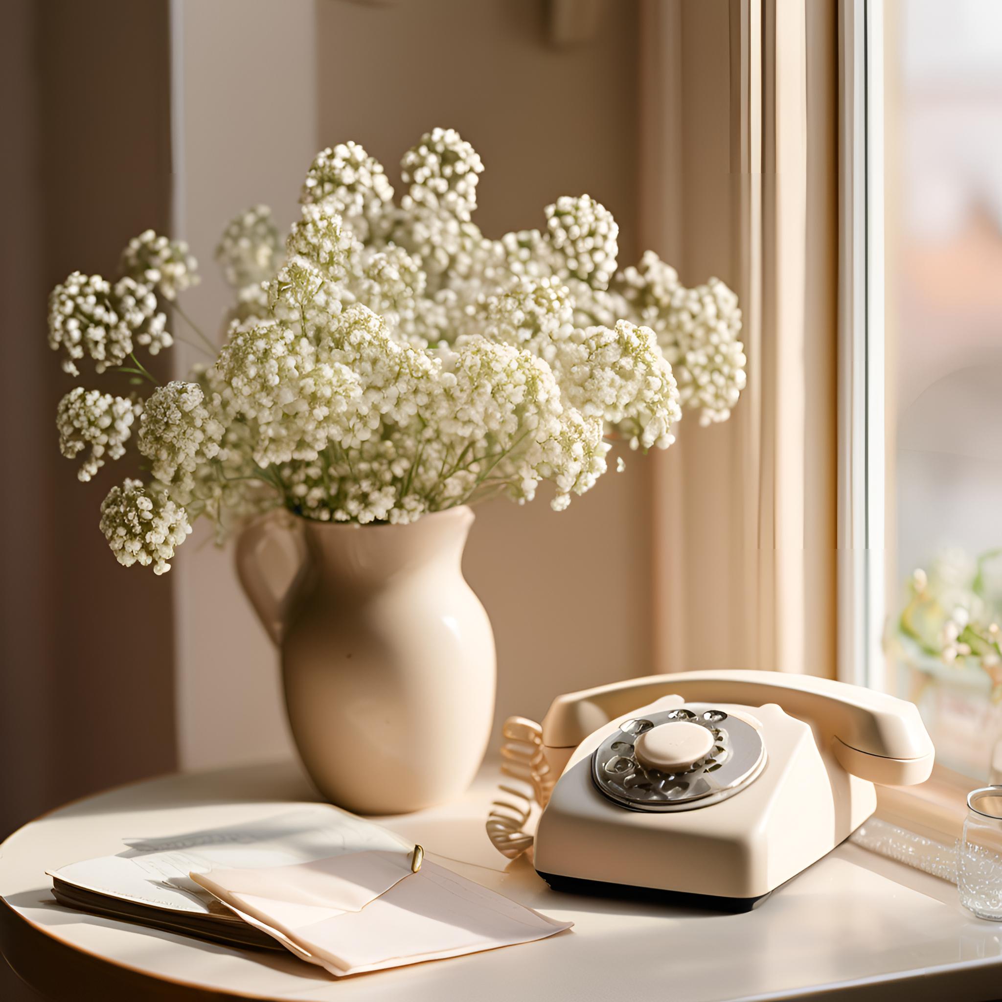 enveloppe avec vase gypsophiles et telephone beige